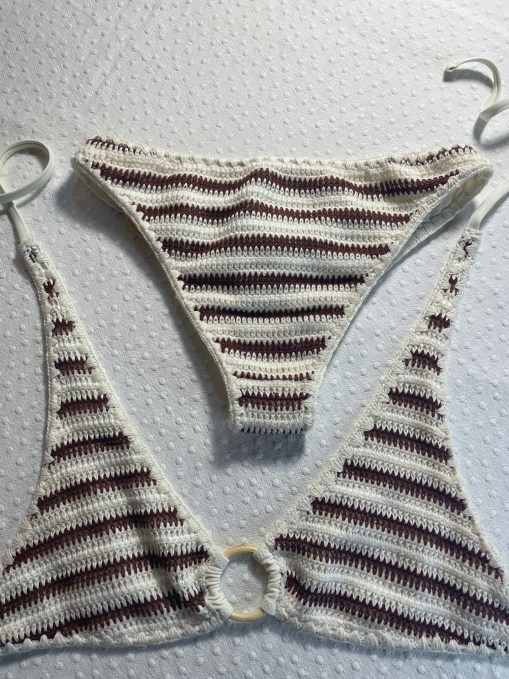 aerie Cream/ brown Crochet Bikini Set bamboo details top S bottom XS